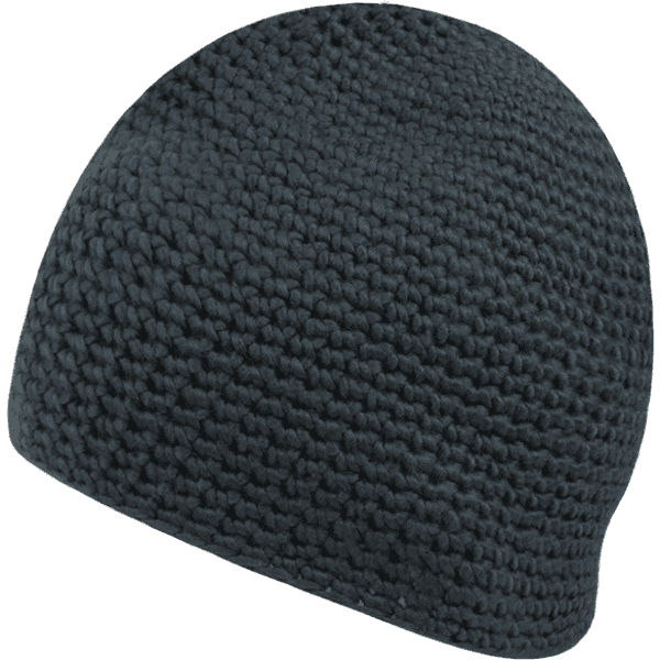 A black, knitted beanie with a smooth, rounded shape. The fabric has a textured finish and a minimalist design.