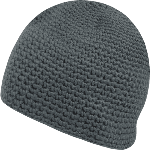 A grey knitted beanie with a smooth texture, featuring a simple design and a rounded top.