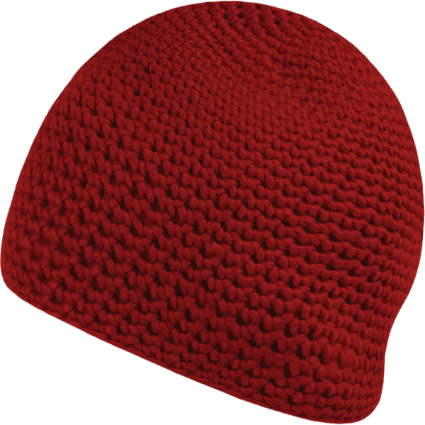 A red knitted beanie with a textured pattern, showcasing its soft and warm material.