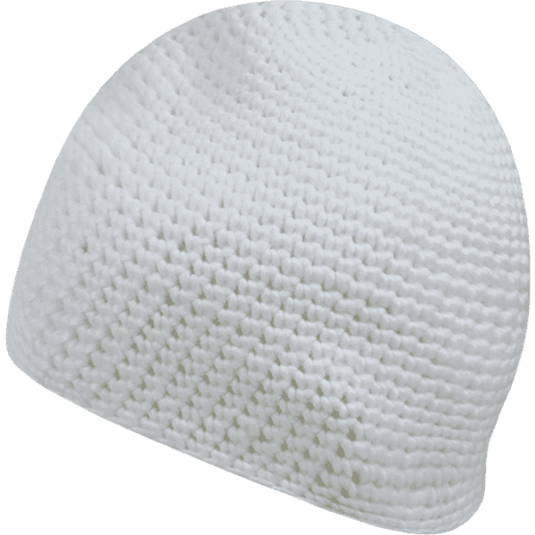 A white beanie with a textured knit design, featuring a logo on one side.