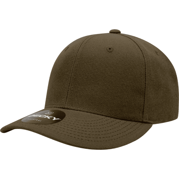 A brown six-panel cap with a curved brim and a logo on the front.