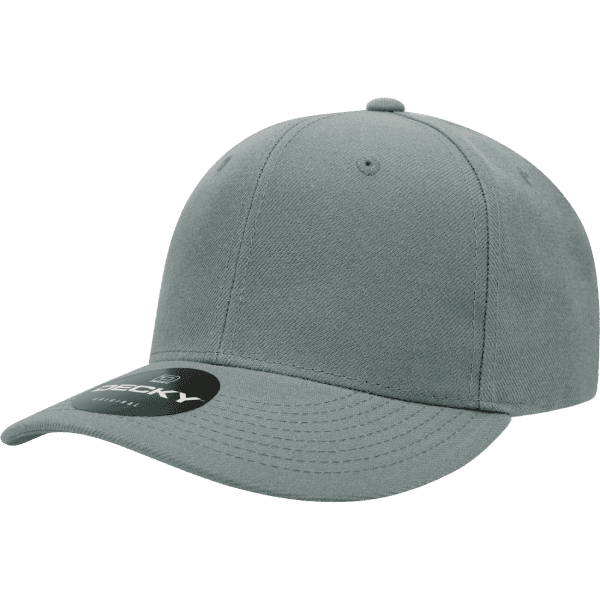 A grey 6-panel cap with a rounded crown and a logo on the side.