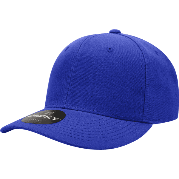 A blue six-panel cap with a mid-profile design and a branded tag. Suitable for youth headwear.