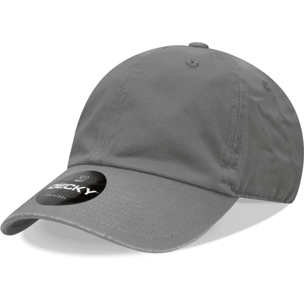 A grey youth 6 panel low profile cotton cap featuring a logo on the front.