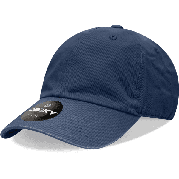 A blue low profile cotton cap with a circular logo on the side. Suitable for youth headwear.