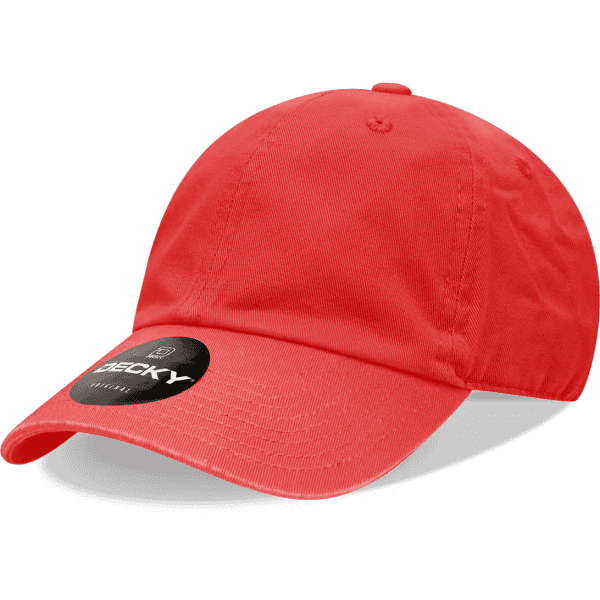 A red youth cotton cap with a low profile and a branded logo on the side.