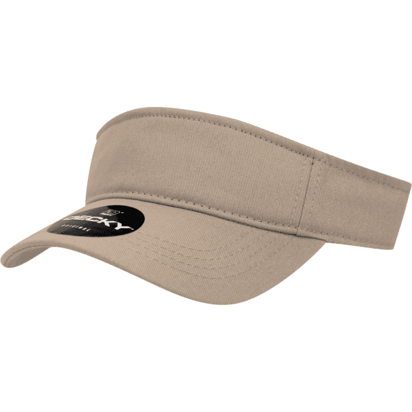 A beige youth visor with a curved brim, featuring a logo on one side.