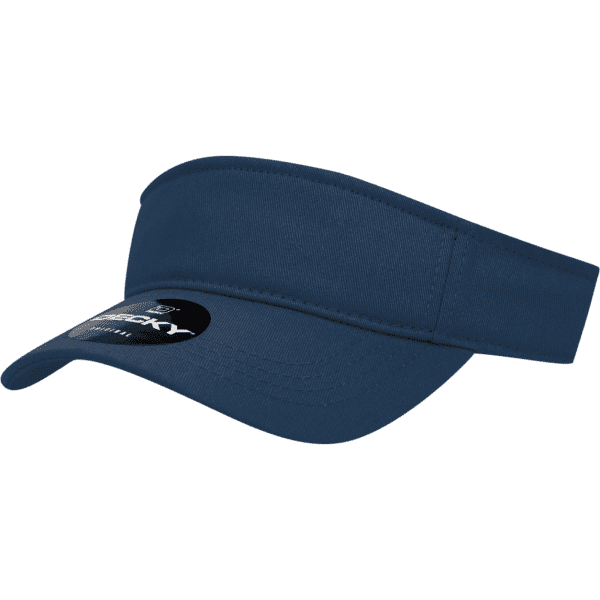 A navy blue youth visor with a curved brim and a branded logo on the front.