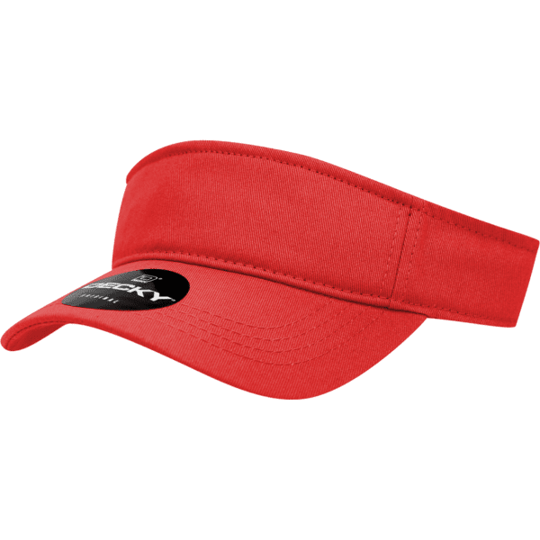 A red youth visor featuring a curved brim and an adjustable strap, with a branded logo on the side.