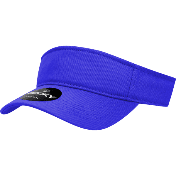 A blue visor with a curved brim, featuring a branding logo on the side.