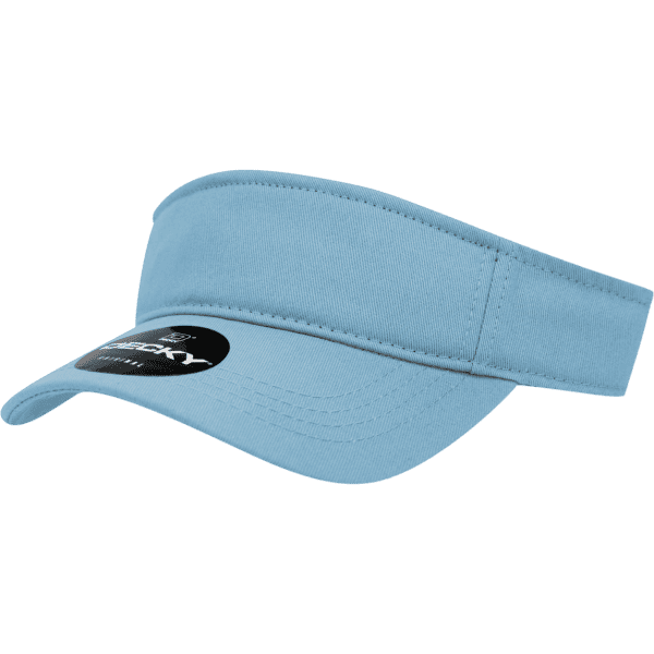 A light blue visor with a curved brim and an attached logo.
