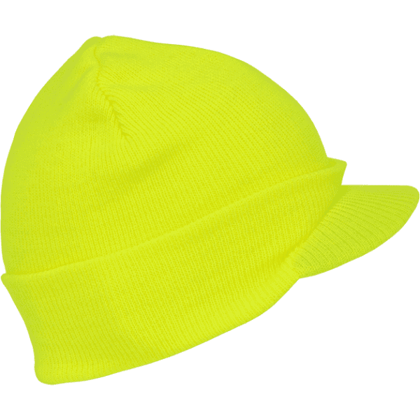 A neon yellow cap with a ribbed texture and a small brim, featuring a logo on the side.