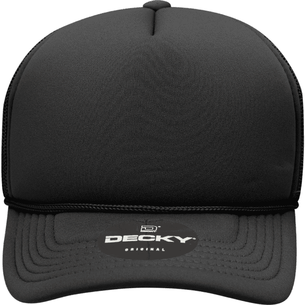 A black, structured foam trucker cap featuring a curved brim and a logo on the front.