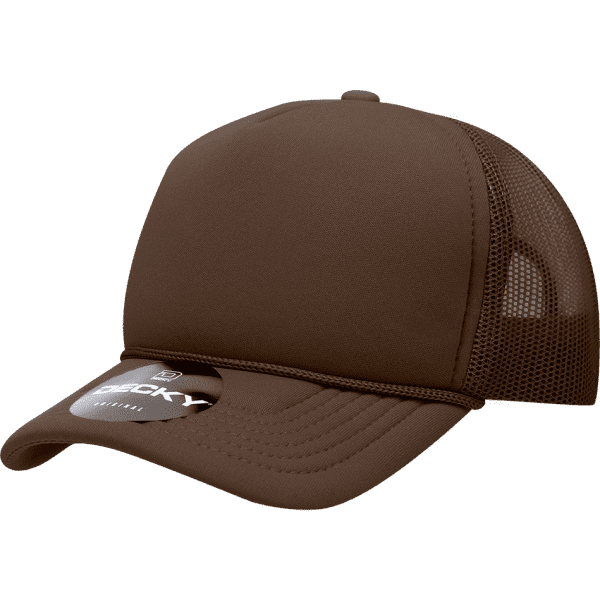 A brown structured foam trucker cap with mesh sides and a branding label on the front.