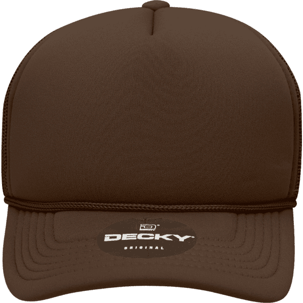 A brown structured foam trucker cap with a curved visor and a logo on the front.