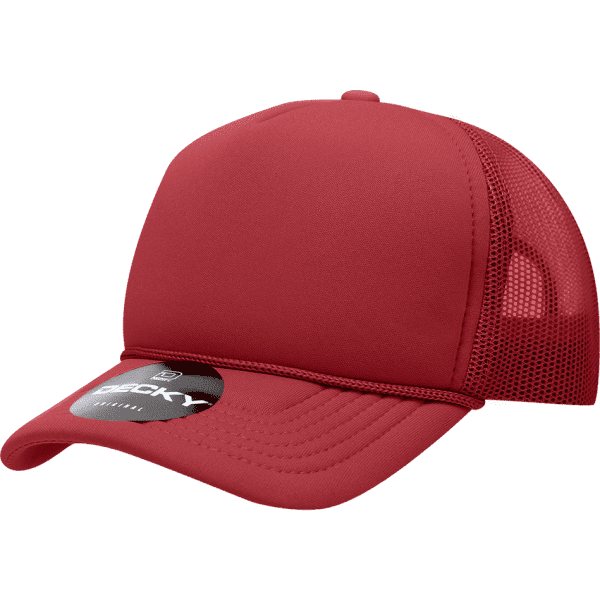 A red youth 5 panel mid-profile structured foam trucker hat with a mesh back and a logo.