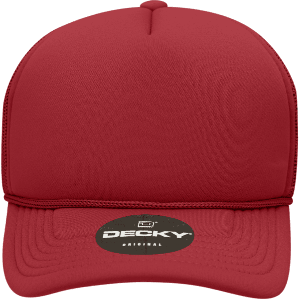 A red 5-panel mid-profile structured foam trucker hat with a branded logo on the front.