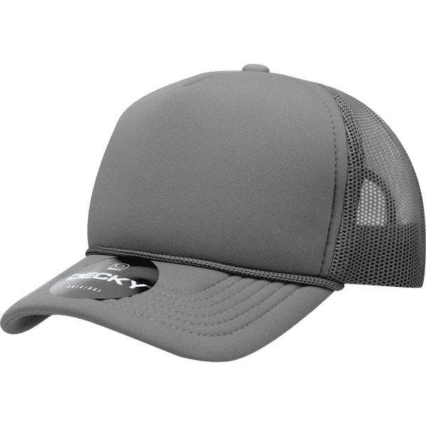 A grey youth 5 panel mid profile structured foam trucker hat with a mesh back and a logo.