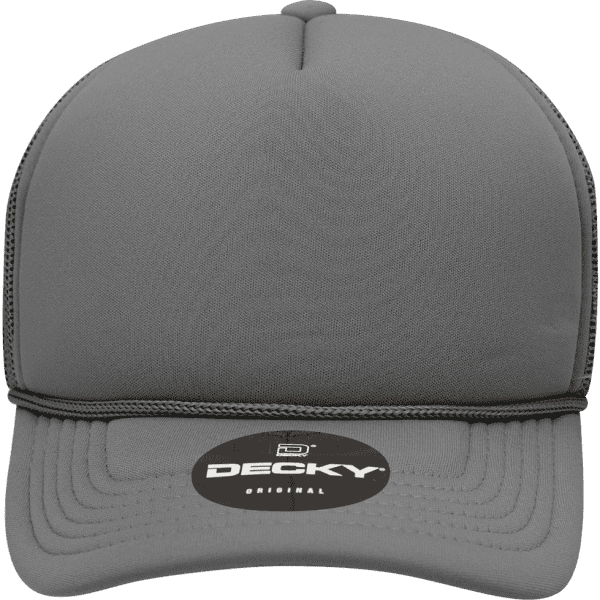 A grey structured foam trucker cap featuring a logo on the front and a black band along the brim.