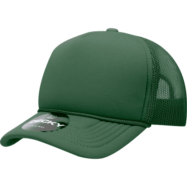 A green structured foam trucker cap featuring a mesh back and a branded tag.
