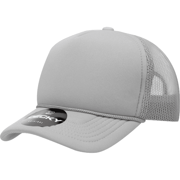 A grey youth 5 panel mid-profile structured foam trucker cap with a mesh back and a logo on the front.