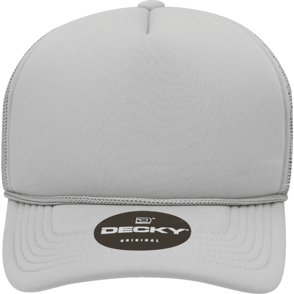 A grey youth 5 panel mid-profile structured foam trucker cap with a branding logo on the front.
