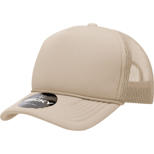 A tan youth 5 panel mid profile structured foam trucker cap with a mesh side and a logo.