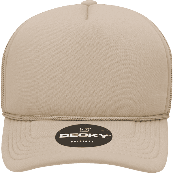 A beige youth foam trucker cap with a structured mid-profile design and a logo on the front.