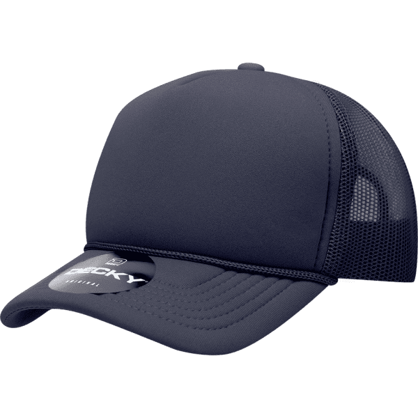 A dark grey youth foam trucker cap with a structured mid-profile and mesh panels. It features a logo on the front.