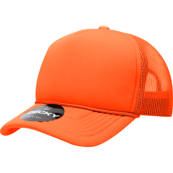 An orange youth 5-panel mid-profile structured foam trucker cap with a mesh back and a logo.