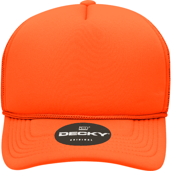 An orange Youth 5 Panel Mid Profile Structured Foam Trucker cap with a logo on the front.