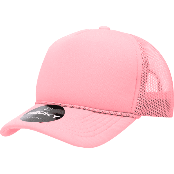 A pink five-panel structured foam trucker cap with mesh sides and a logo on the front.