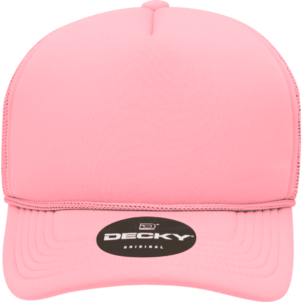 A pink structured foam trucker cap with a mid-profile design and a logo on the front.