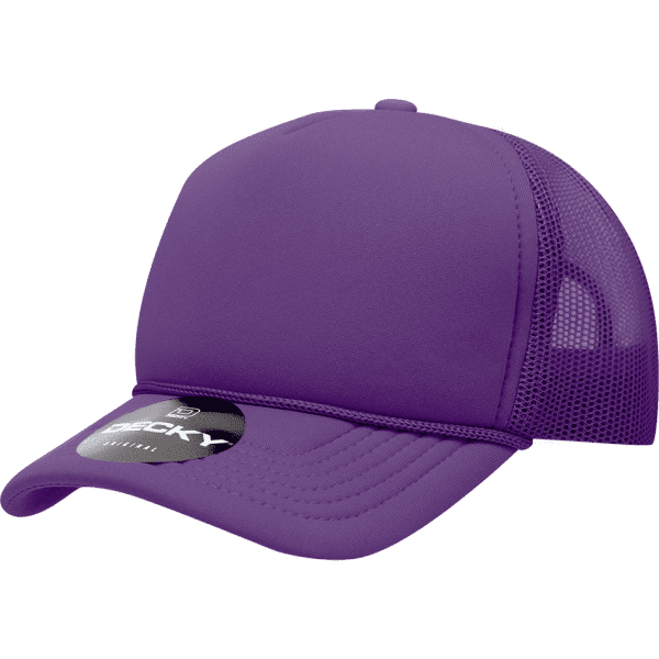 A purple foam trucker cap with a structured design and mesh side panels, featuring a logo on the front.