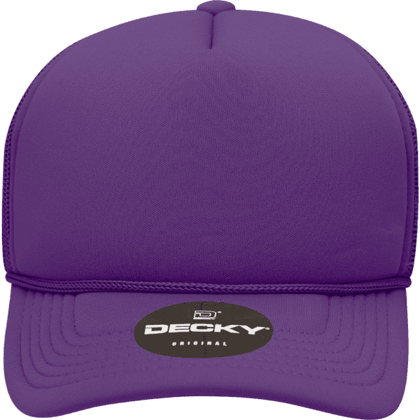 A purple structured foam trucker cap featuring a branded logo on the front.