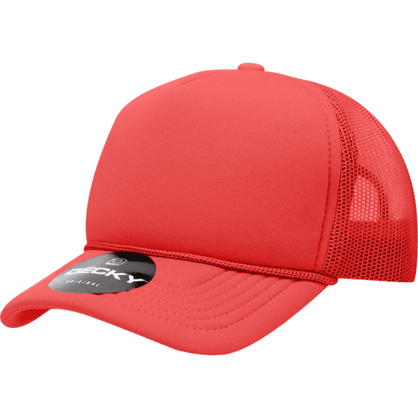 A structured foam trucker cap in bright red with mesh side panels and a logo.