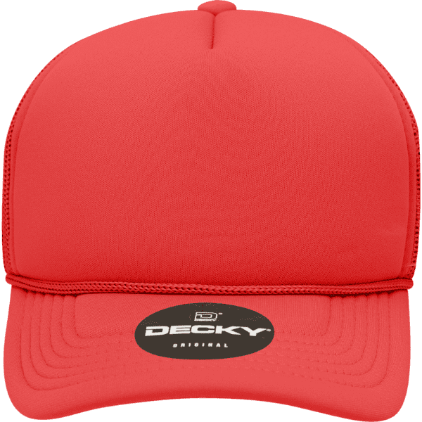 A red youth 5 panel mid profile structured foam trucker cap with a logo on the front.