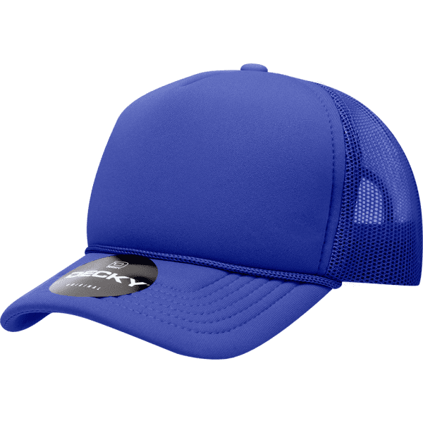 A blue structured foam trucker cap featuring a mesh back and a logo on the front.