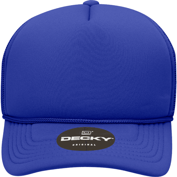 A blue structured foam trucker cap with a mid-profile design and a branded logo.