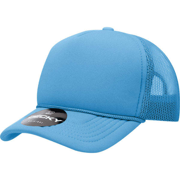 A blue youth 5 panel mid profile structured foam trucker cap with a mesh back and a logo.