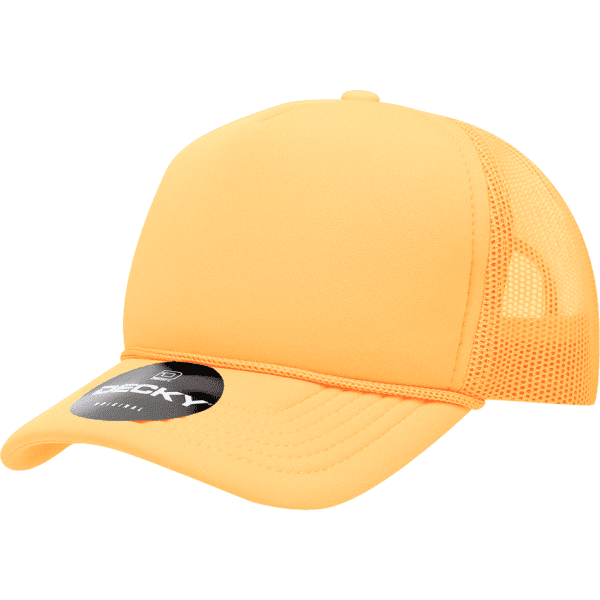 A yellow structured foam trucker cap with mesh sides and an adjustable back. It features a logo on the front.