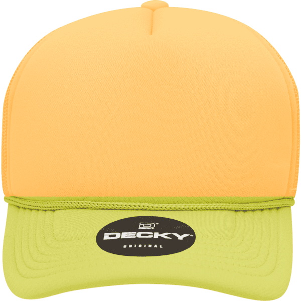 A structured foam trucker cap featuring an orange front and a lime green brim, with a logo on the front.