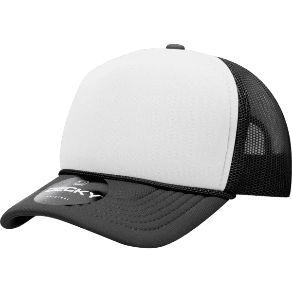 A grey and white structured foam trucker cap featuring a mesh back and a branded tag on the visor.