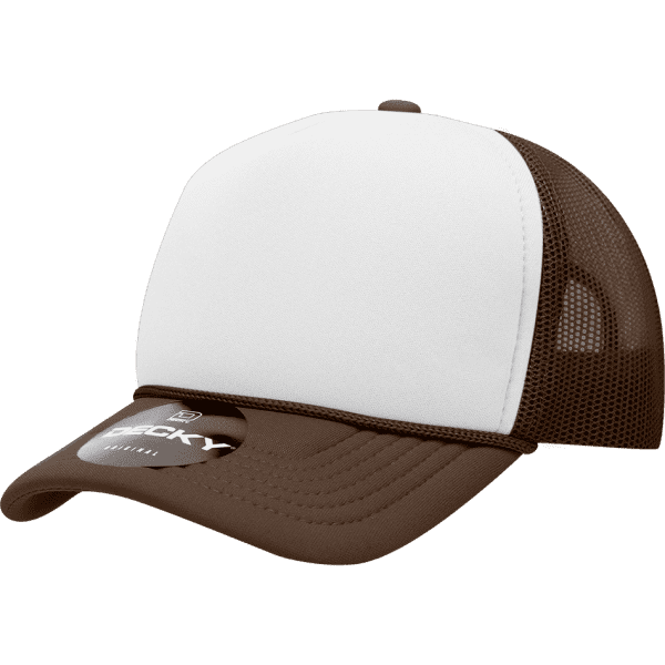 A brown and white 5-panel mid profile structured foam trucker cap with a mesh back and a logo.