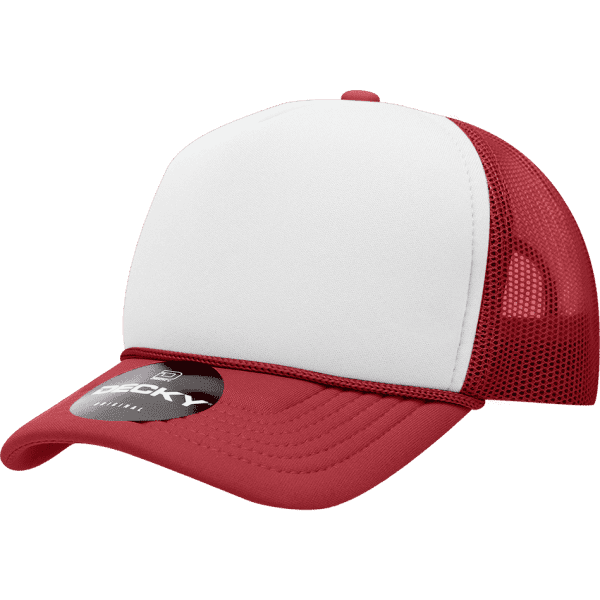 A red and white structured foam trucker cap with a mesh back and a logo on the front.
