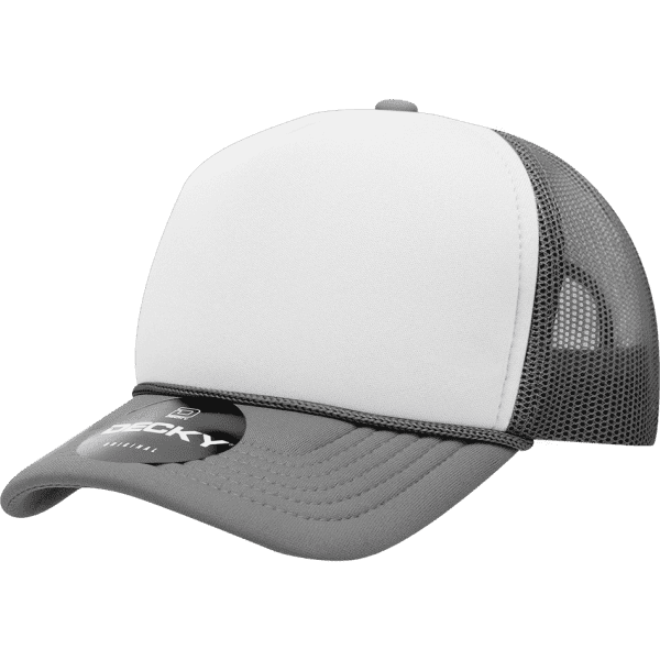 A grey and white structured foam trucker cap with a mesh back and a logo on the front.