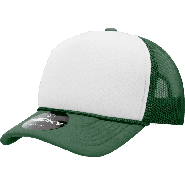 A green and white structured foam trucker cap with a mesh back and a logo on the front.
