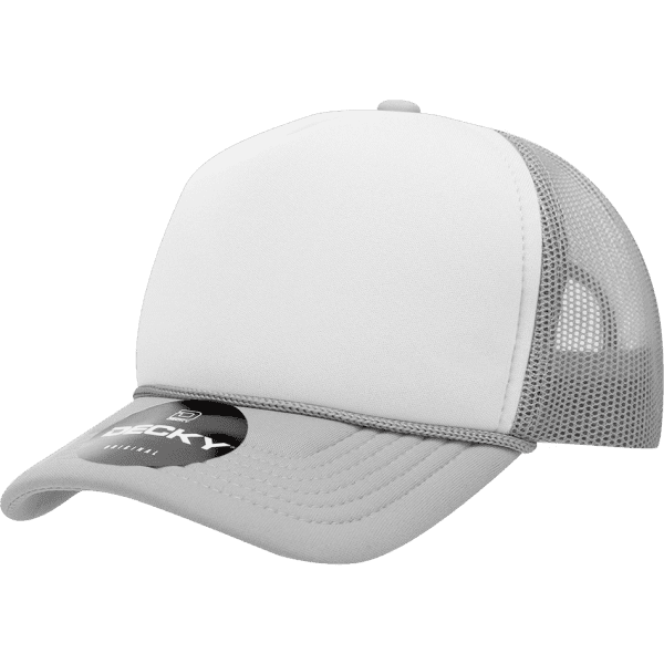 A grey and white Youth 5 Panel Mid Profile Structured Foam Trucker hat with a mesh back and a logo.
