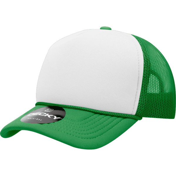 A green and white youth 5 panel mid profile structured foam trucker cap with a logo on the front.