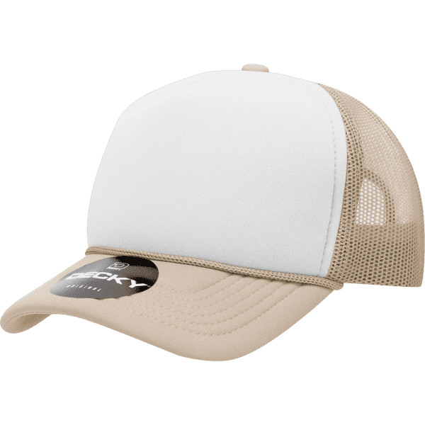 A structured foam trucker cap featuring a white front and beige mesh sides, with a logo on the brim.